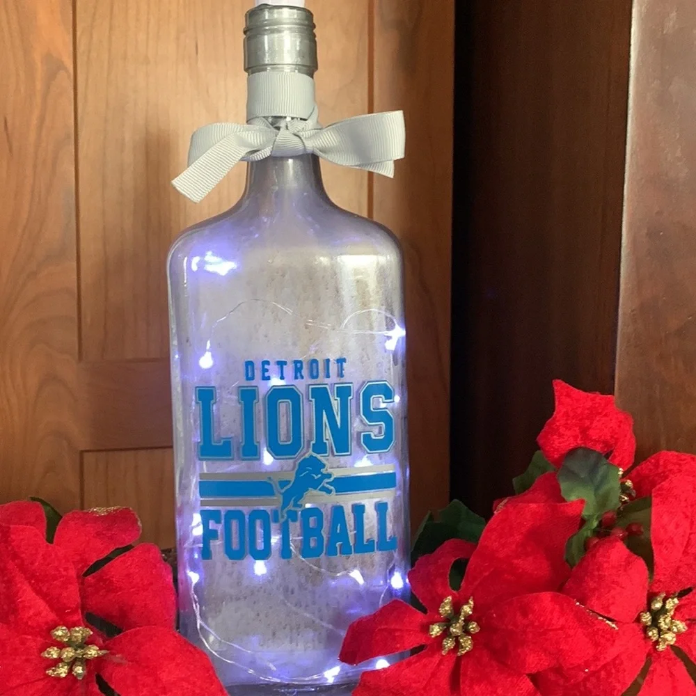 Hand Crafted, Upcycled Detroit Lions Spirit Bottle Lantern